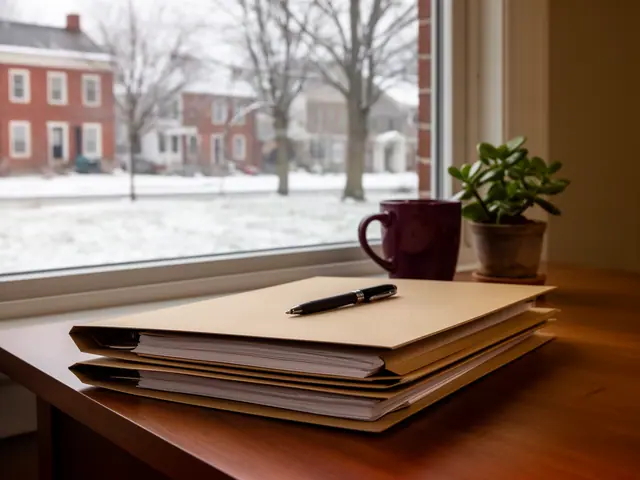 A neat stack of closed manila folders and a pen on a desk by a window.