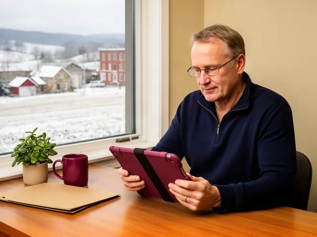 A man with short sandy-gray hair and wire-rimmed glasses reviewing a tablet at a desk in a small back office.