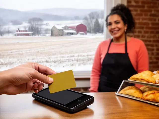 A customer taps a gold card on a counter terminal at a bakery with fresh empanadas.