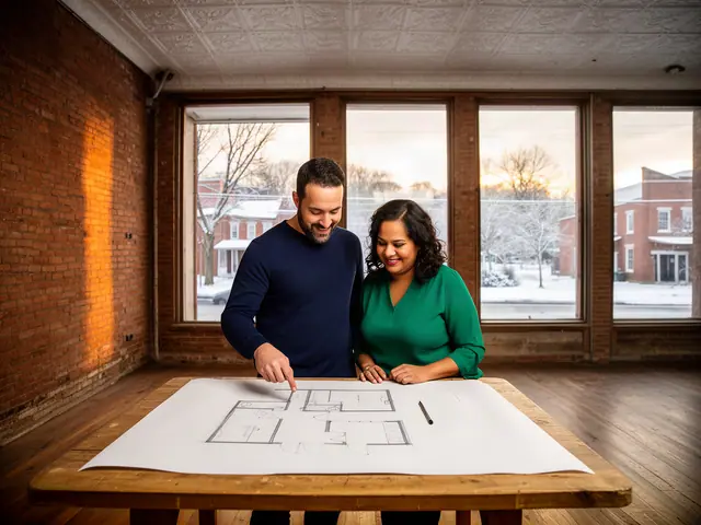 Two business partners looking over a pencil floor sketch in an empty storefront.